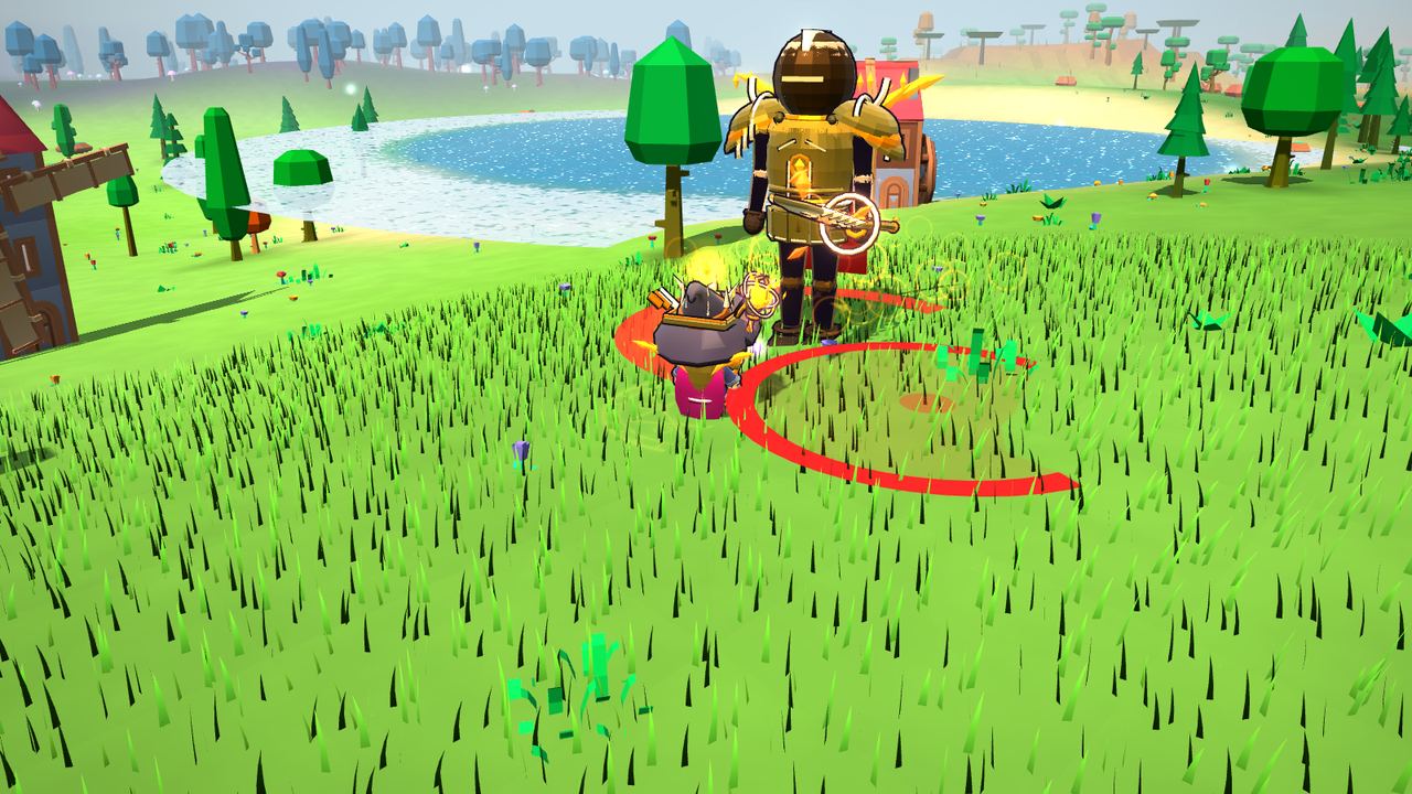 A Pyromancer fighting a roaming champion beside a lake